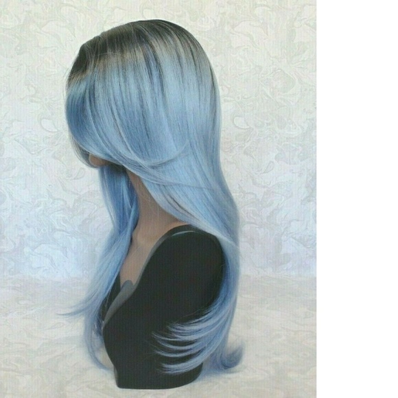 New Lace Part Long Straight Blue Silver Ombre Wig main image 5